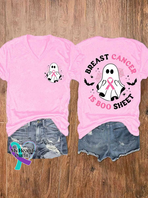 Women’s Breast Cancer Is Boo Sheet Ghost Ribbon Awareness V-Neck Casual T-Shirt Pink / S