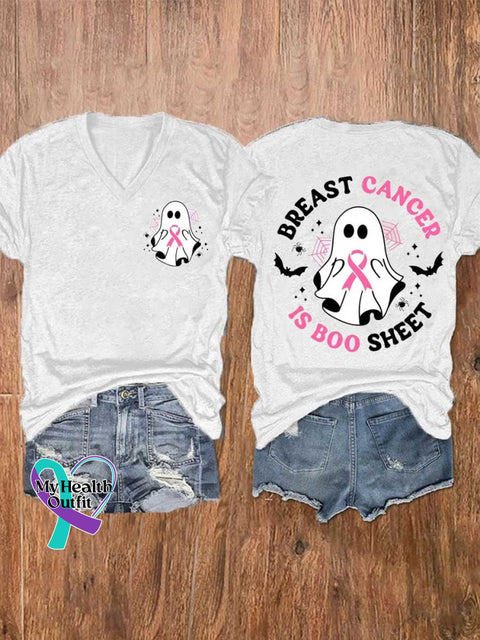 Women’s Breast Cancer Is Boo Sheet Ghost Ribbon Awareness V-Neck Casual T-Shirt White / S