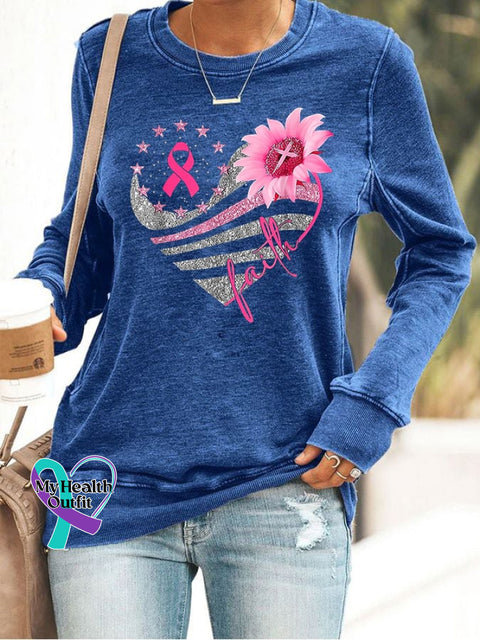 Women’s Breast Cancer Long Sleeve Printed Sweatshirt Blue / S