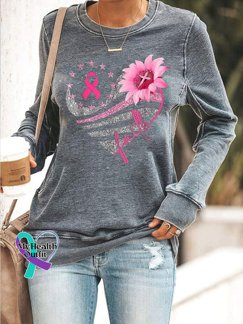 Women’s Breast Cancer Long Sleeve Printed Sweatshirt Grey / S