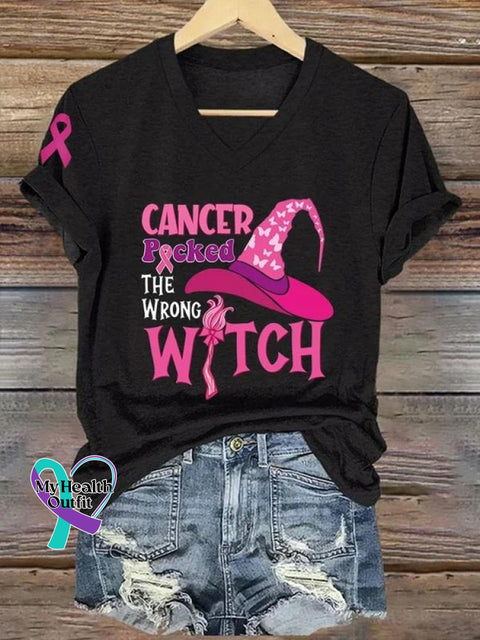 Women’s Breast Cancer Picked The Wrong Witch Awareness V-Neck Casual T-Shirt Multicolor / S