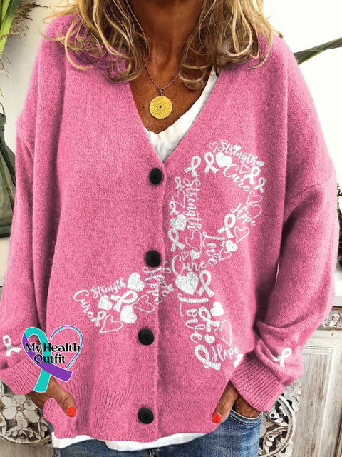 Women’s Breast Cancer Pink Ribbon Buttoned Cardigan Sweater / S