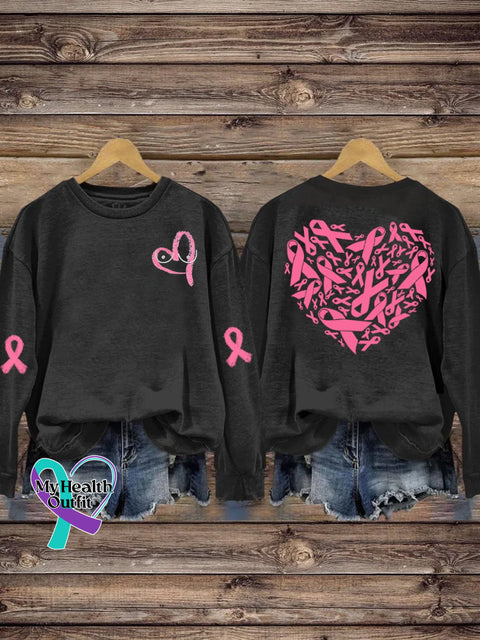 Women’s Breast Cancer Pink Ribbon Love Print Casual Long Sleeve Sweatshirt Black / S