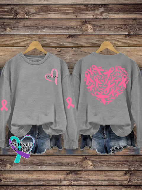 Women’s Breast Cancer Pink Ribbon Love Print Casual Long Sleeve Sweatshirt Grey / S