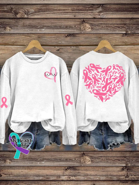 Women’s Breast Cancer Pink Ribbon Love Print Casual Long Sleeve Sweatshirt White / S
