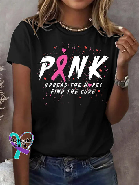 Women’s Breast Cancer Print Casual Round Neck T-Shirt Black / S