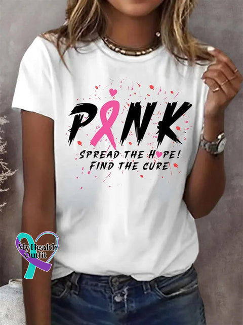 Women’s Breast Cancer Print Casual Round Neck T-Shirt White / S