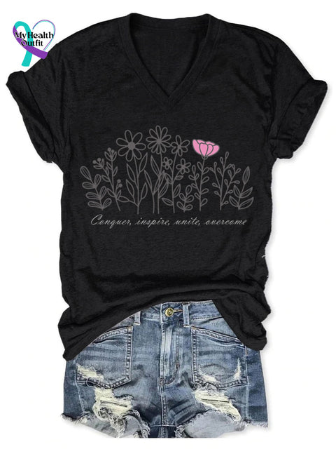 Women’s Breast Cancer Print V-Neck Casual T-Shirt Black / S