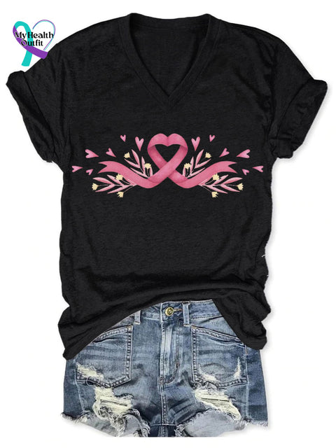 Women’s Breast Cancer Print V-Neck Casual T-Shirt Black / S
