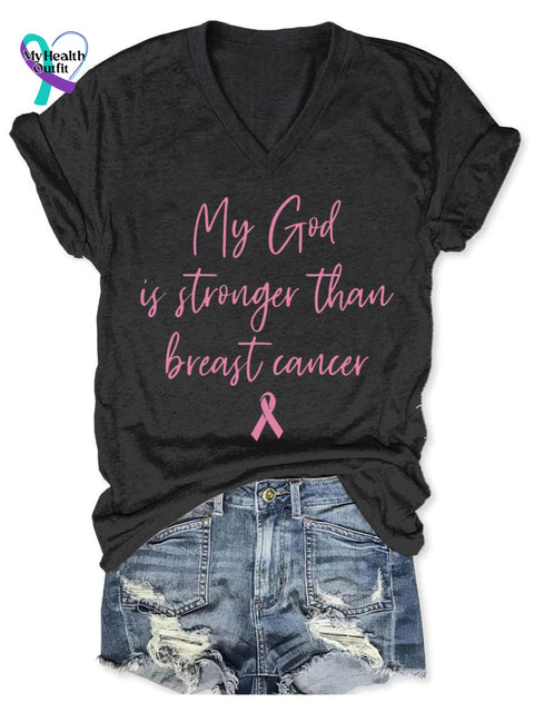 Women’s Breast Cancer Print V-Neck Casual T-Shirt Black / S