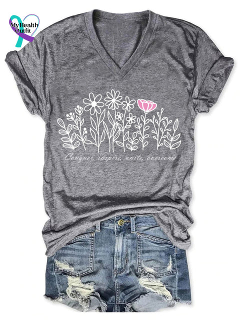 Women’s Breast Cancer Print V-Neck Casual T-Shirt Grey / S