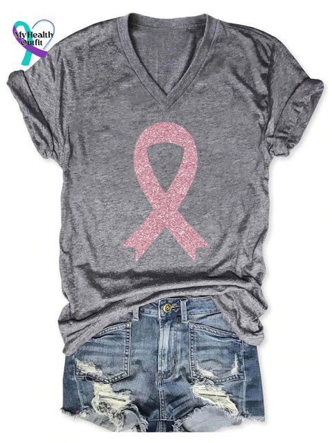 Women’s Breast Cancer Print V-Neck Casual T-Shirt Grey / S