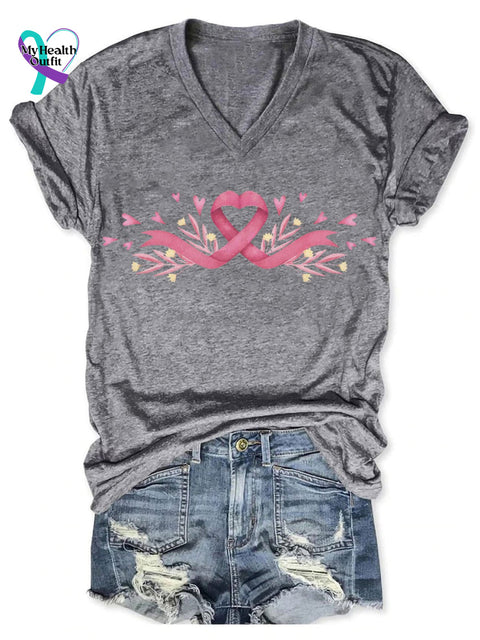 Women’s Breast Cancer Print V-Neck Casual T-Shirt Grey / S