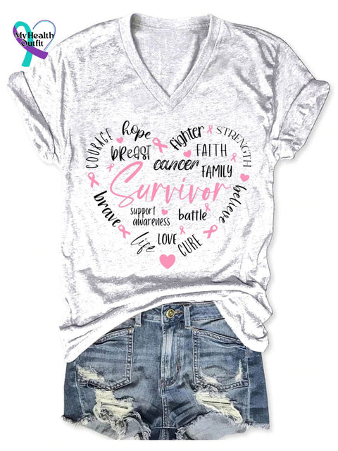 Women’s Breast Cancer Print V-Neck Casual T-Shirt White / S