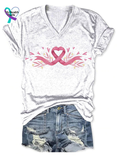 Women’s Breast Cancer Print V-Neck Casual T-Shirt White / S