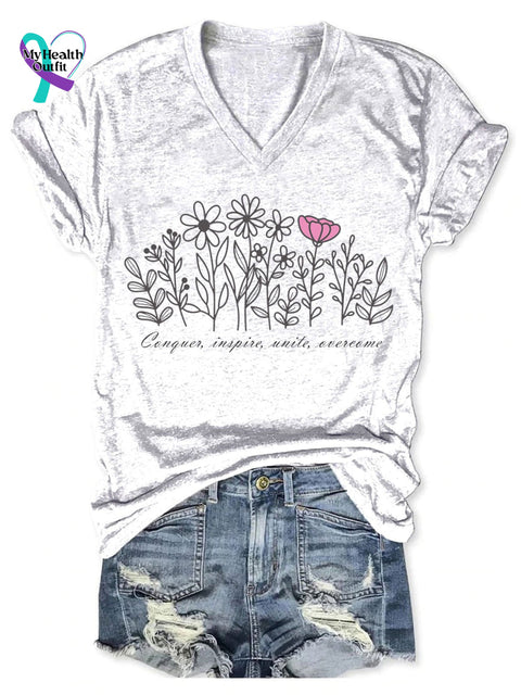 Women’s Breast Cancer Print V-Neck Casual T-Shirt White / S