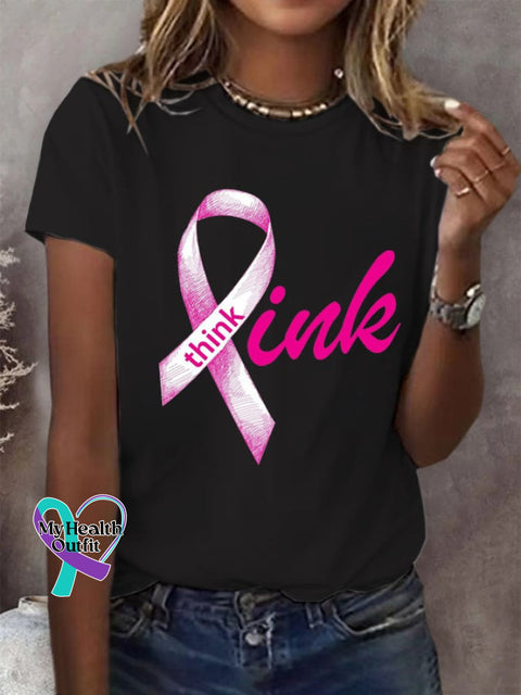 Women’s Breast Cancer Think Pink Round Neck T-Shirt Black / S