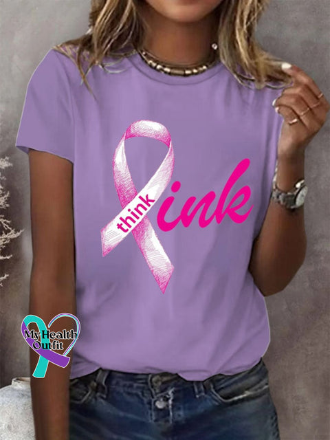 Women’s Breast Cancer Think Pink Round Neck T-Shirt Purple / S