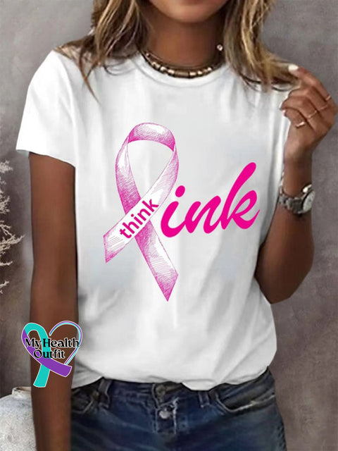 Women’s Breast Cancer Think Pink Round Neck T-Shirt White / S