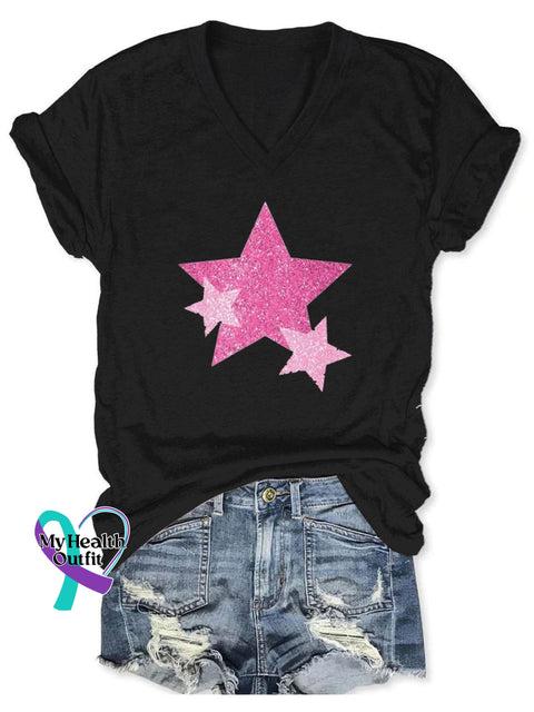 Women’s Breast Cancer Warrior Print V-Neck Casual T-Shirt Black / S