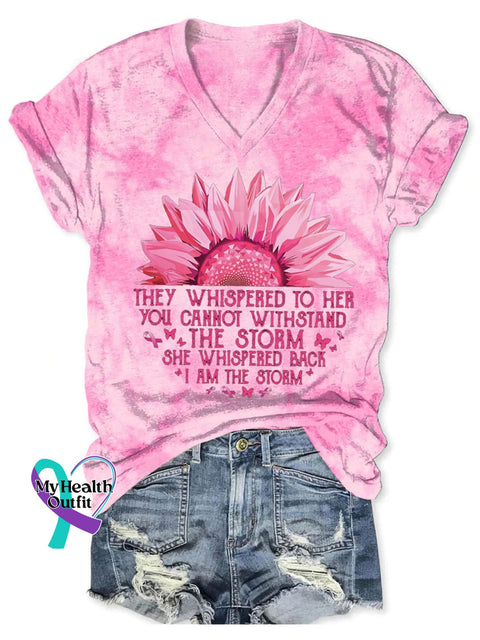 Women’s Breast Cancer Warrior Print V-Neck Casual T-Shirt Pink / S
