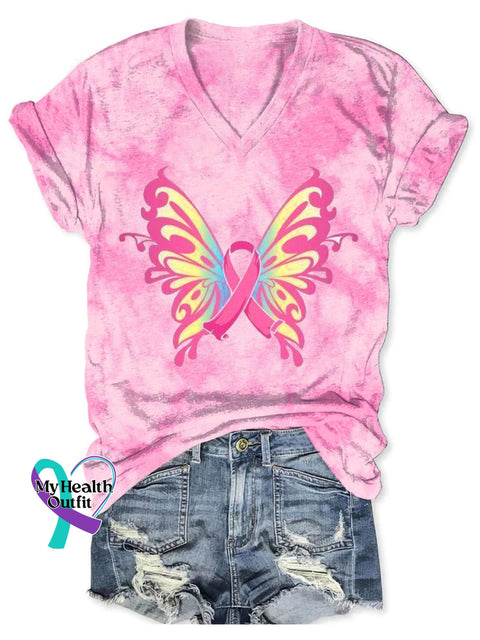 Women’s Breast Cancer Warrior Print V-Neck Casual T-Shirt Pink / S