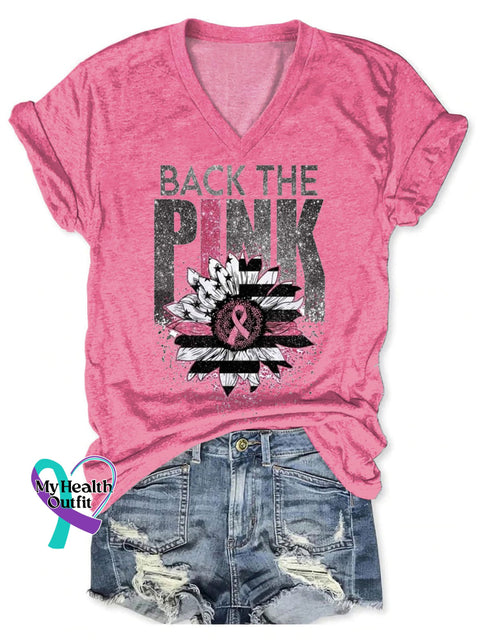 Women’s Breast Cancer Warrior Print V-Neck Casual T-Shirt Pink / S