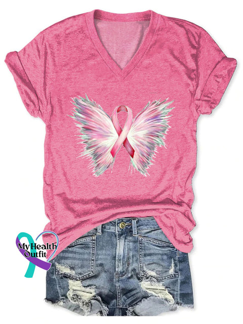 Women’s Breast Cancer Warrior Print V-Neck Casual T-Shirt Pink / S