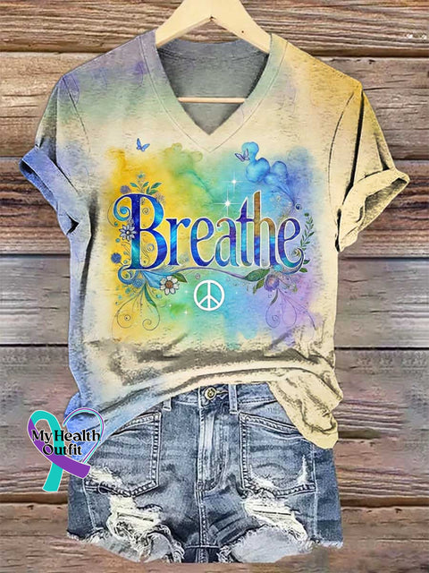 Women’s Breathe Floral Peace Sign V-neck Casual T-Shirt Multicolor / S