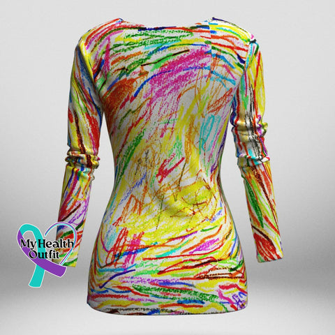 Women’s Broken Crayon Still Smiling Color Heart Health Theme Swing Collar Long Sleeve Top