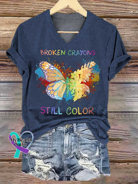 Women’s Broken Crayons Still Color Butterfly V-neck Casual T-Shirt Blue / S
