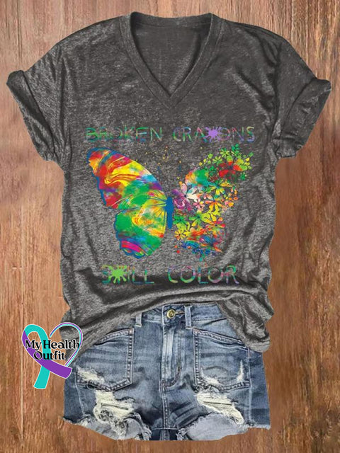 Women’s Broken Crayons Still Color Butterfly V-Neck Casual T-Shirt Grey / S