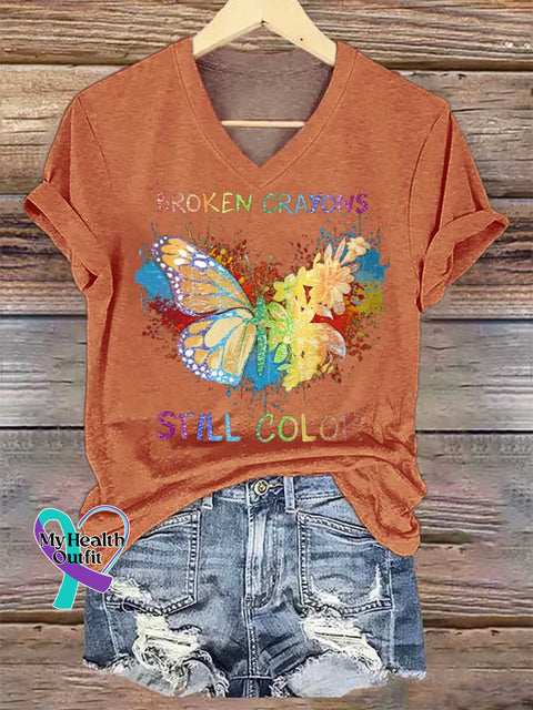 Women’s Broken Crayons Still Color Butterfly V-neck Casual T-Shirt Orange / S