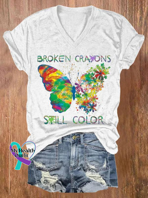 Women’s Broken Crayons Still Color Butterfly V-Neck Casual T-Shirt White / S