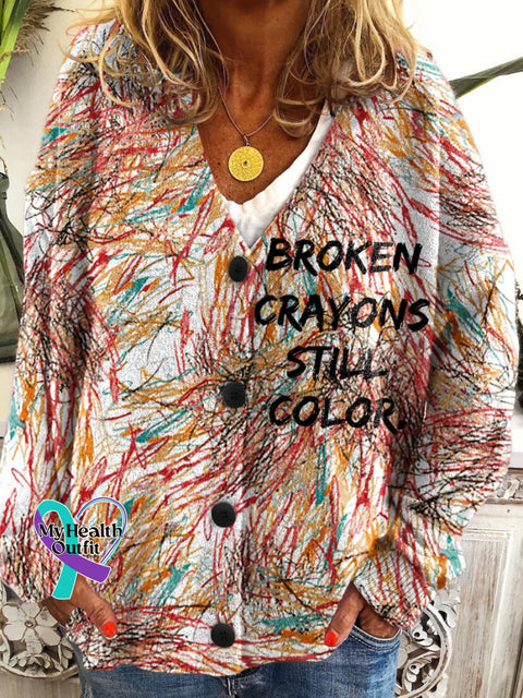 Women‘s Broken Crayons Still Color Mental Health Awareness Buttoned Cardigan Sweater Multicolor / S