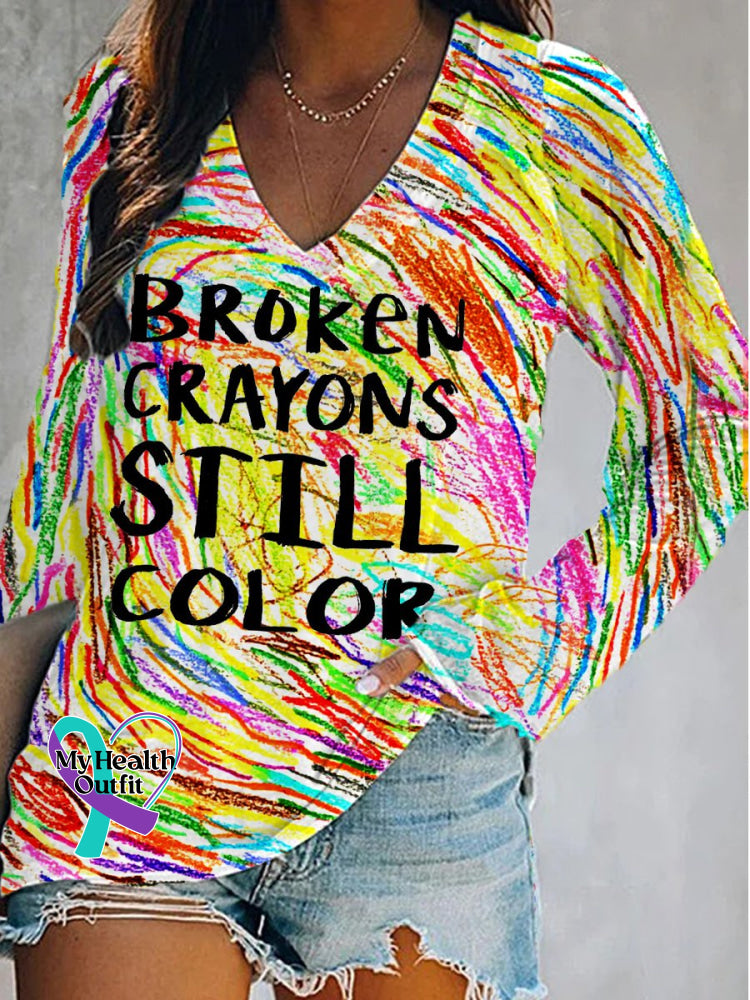 Women’s Broken Crayons Still Color Mental Health Awareness Print Casual Top Multicolor / S