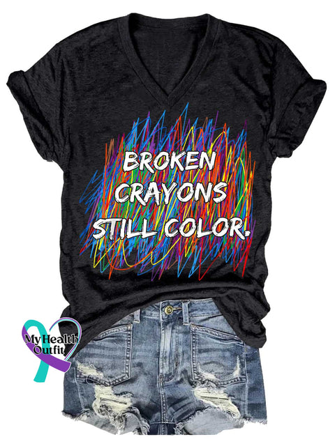 Women’s Broken Crayons Still Color Mental Health Awareness V-neck Casual T-Shirt Black / S