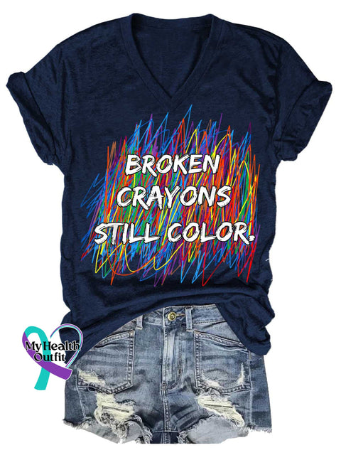 Women’s Broken Crayons Still Color Mental Health Awareness V-neck Casual T-Shirt Blue / S
