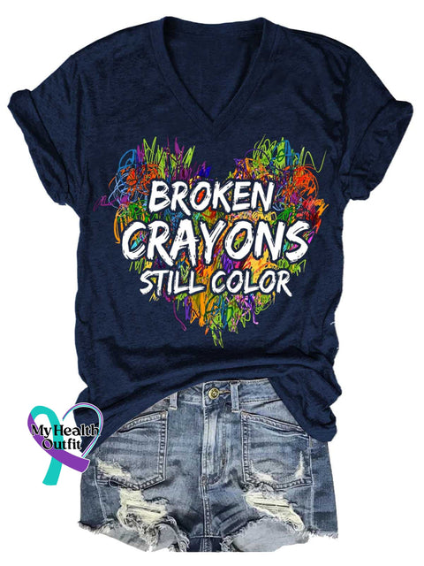 Women’s BROKEN CRAYONS STILL COLOR Mental Health Awareness V-neck Casual T-Shirt Blue / S