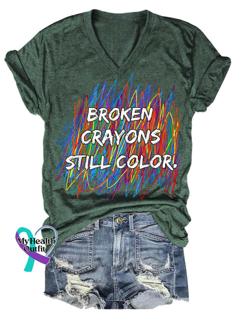 Women’s Broken Crayons Still Color Mental Health Awareness V-neck Casual T-Shirt Green / S
