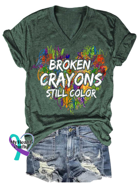 Women’s BROKEN CRAYONS STILL COLOR Mental Health Awareness V-neck Casual T-Shirt Green / S