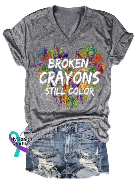 Women’s BROKEN CRAYONS STILL COLOR Mental Health Awareness V-neck Casual T-Shirt Grey / S