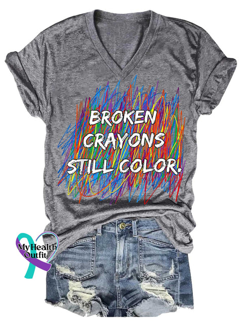 Women’s Broken Crayons Still Color Mental Health Awareness V-neck Casual T-Shirt Grey / S