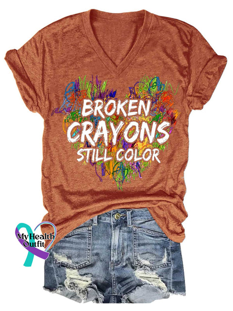 Women’s BROKEN CRAYONS STILL COLOR Mental Health Awareness V-neck Casual T-Shirt Orange / S
