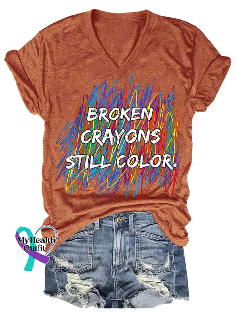 Women’s Broken Crayons Still Color Mental Health Awareness V-neck Casual T-Shirt Orange / S