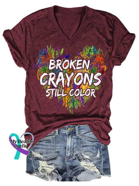 Women’s BROKEN CRAYONS STILL COLOR Mental Health Awareness V-neck Casual T-Shirt Red / S