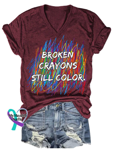 Women’s Broken Crayons Still Color Mental Health Awareness V-neck Casual T-Shirt Red / S