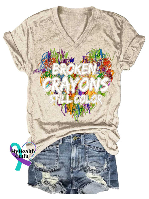 Women’s BROKEN CRAYONS STILL COLOR Mental Health Awareness V-neck Casual T-Shirt Sand / S
