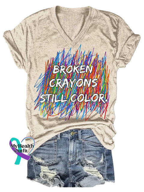 Women’s Broken Crayons Still Color Mental Health Awareness V-neck Casual T-Shirt Sand / S