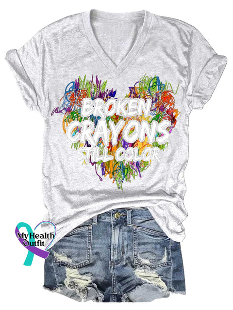 Women’s BROKEN CRAYONS STILL COLOR Mental Health Awareness V-neck Casual T-Shirt White / S